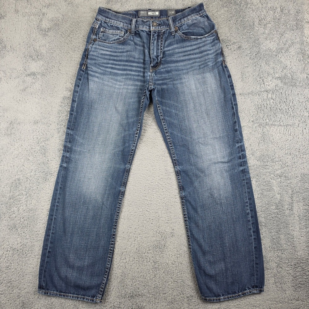 BKE Jake Bootleg Jeans Mens 33R Blue Stretch Denim Embroidered Whiskered Western